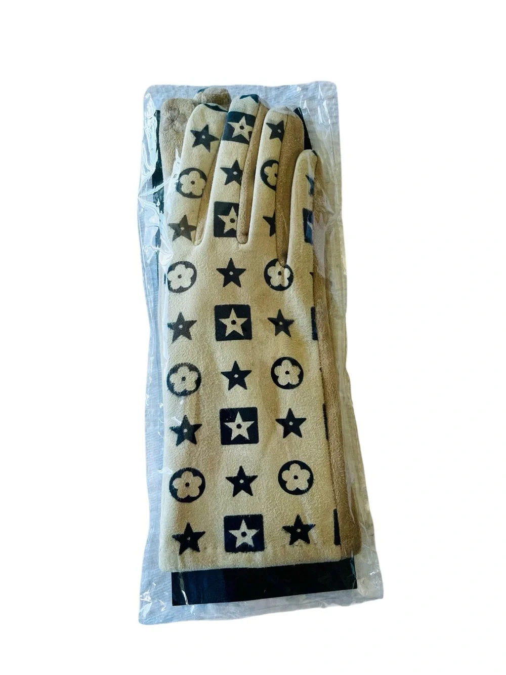 New Women’s M/L Beige Monogram Print Stretch Gloves Soft Touch Winter